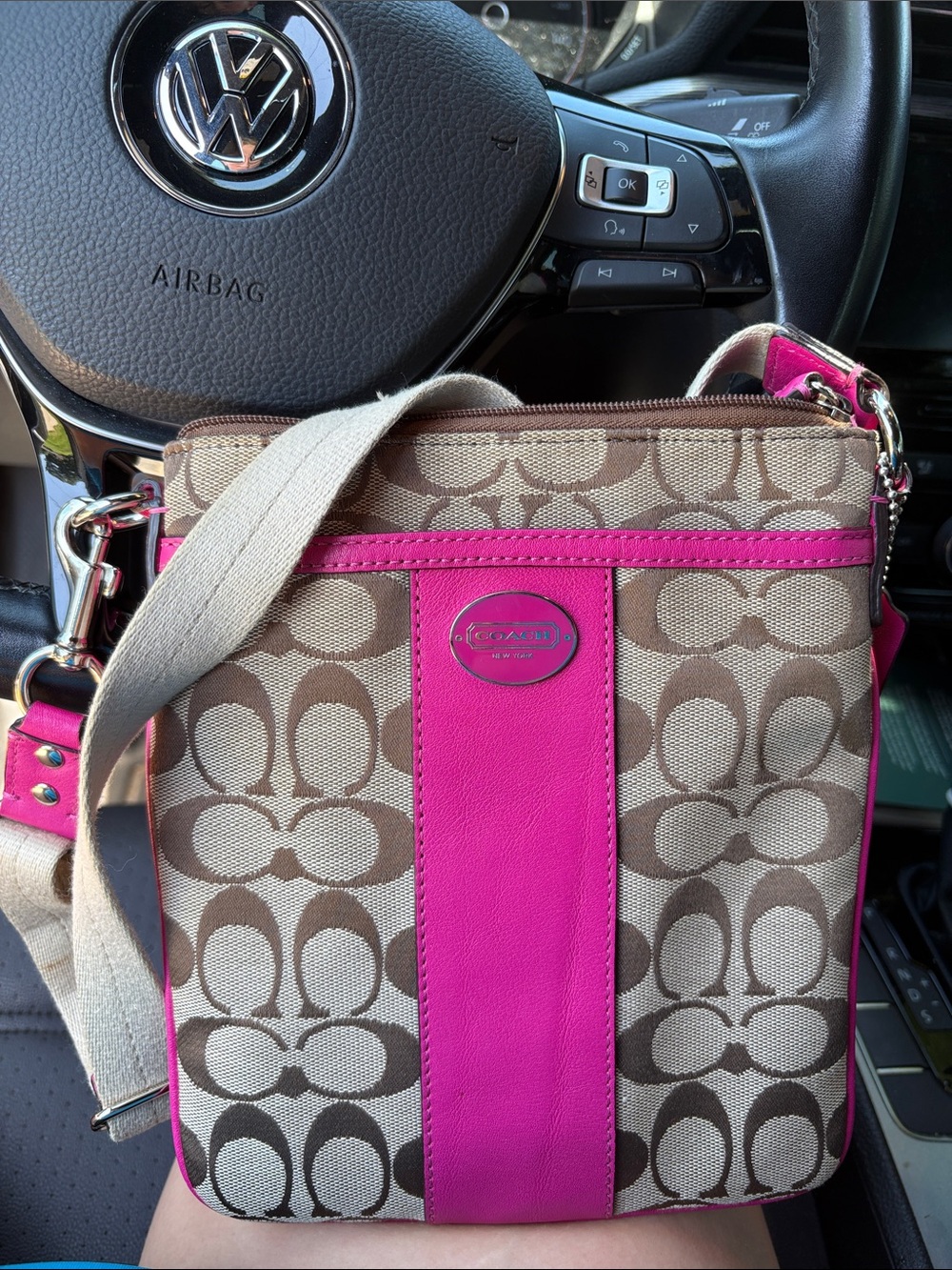 Coach Signature Canvas Crossbody with Hot Pink Trim